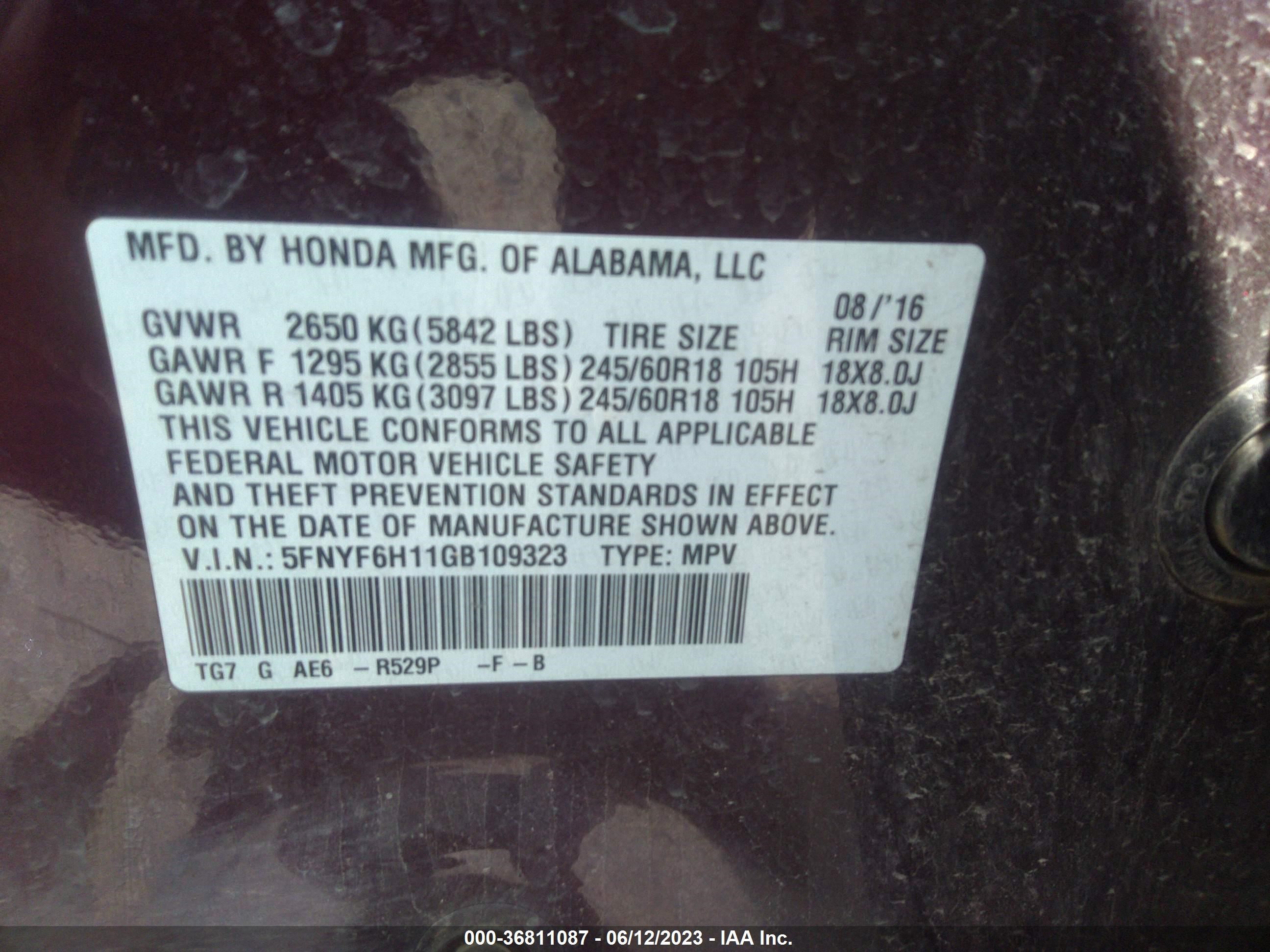 Photo 8 VIN: 5FNYF6H11GB109323 - HONDA PILOT 