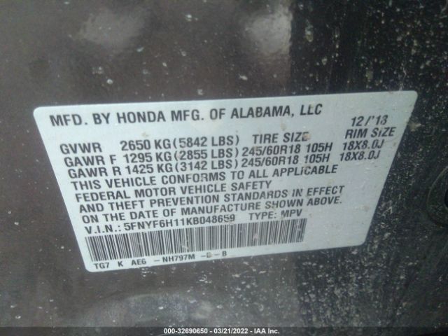 Photo 8 VIN: 5FNYF6H11KB048659 - HONDA PILOT 