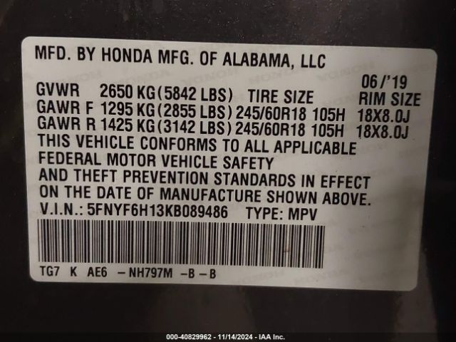 Photo 8 VIN: 5FNYF6H13KB089486 - HONDA PILOT 