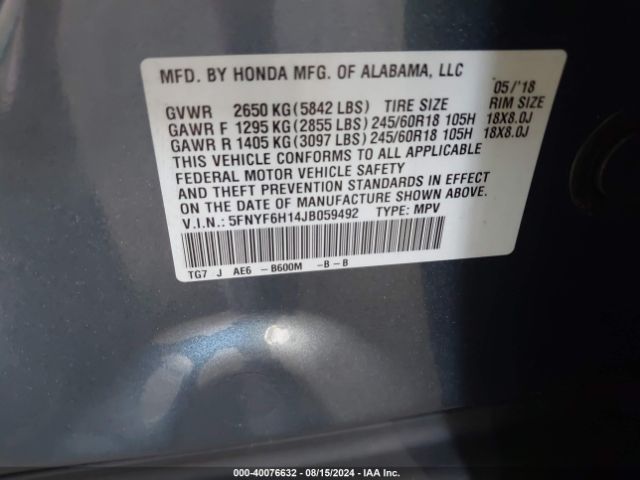 Photo 8 VIN: 5FNYF6H14JB059492 - HONDA PILOT 