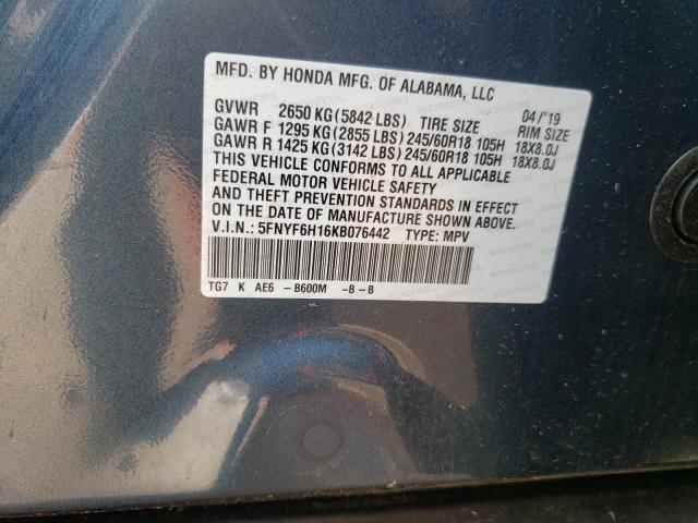 Photo 9 VIN: 5FNYF6H16KB076442 - HONDA PILOT LX 