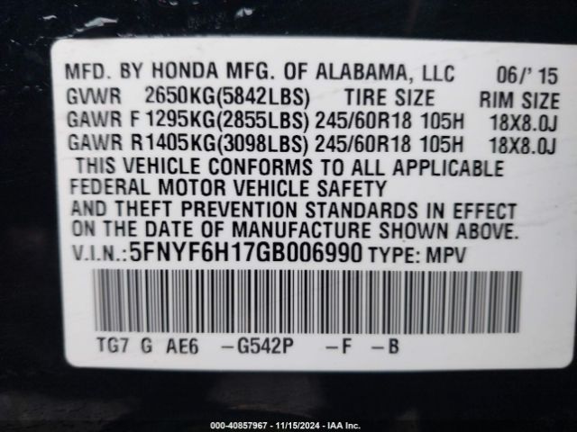 Photo 8 VIN: 5FNYF6H17GB006990 - HONDA PILOT 