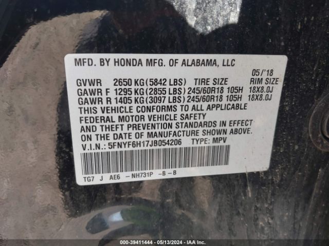 Photo 8 VIN: 5FNYF6H17JB054206 - HONDA PILOT 