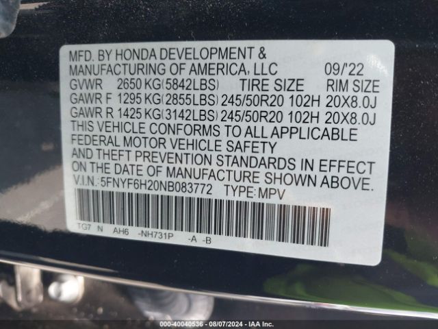 Photo 8 VIN: 5FNYF6H20NB083772 - HONDA PILOT 