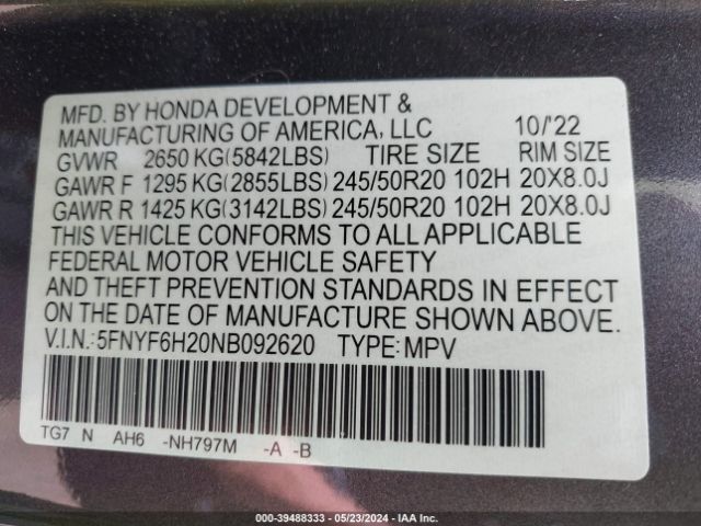 Photo 8 VIN: 5FNYF6H20NB092620 - HONDA PILOT 