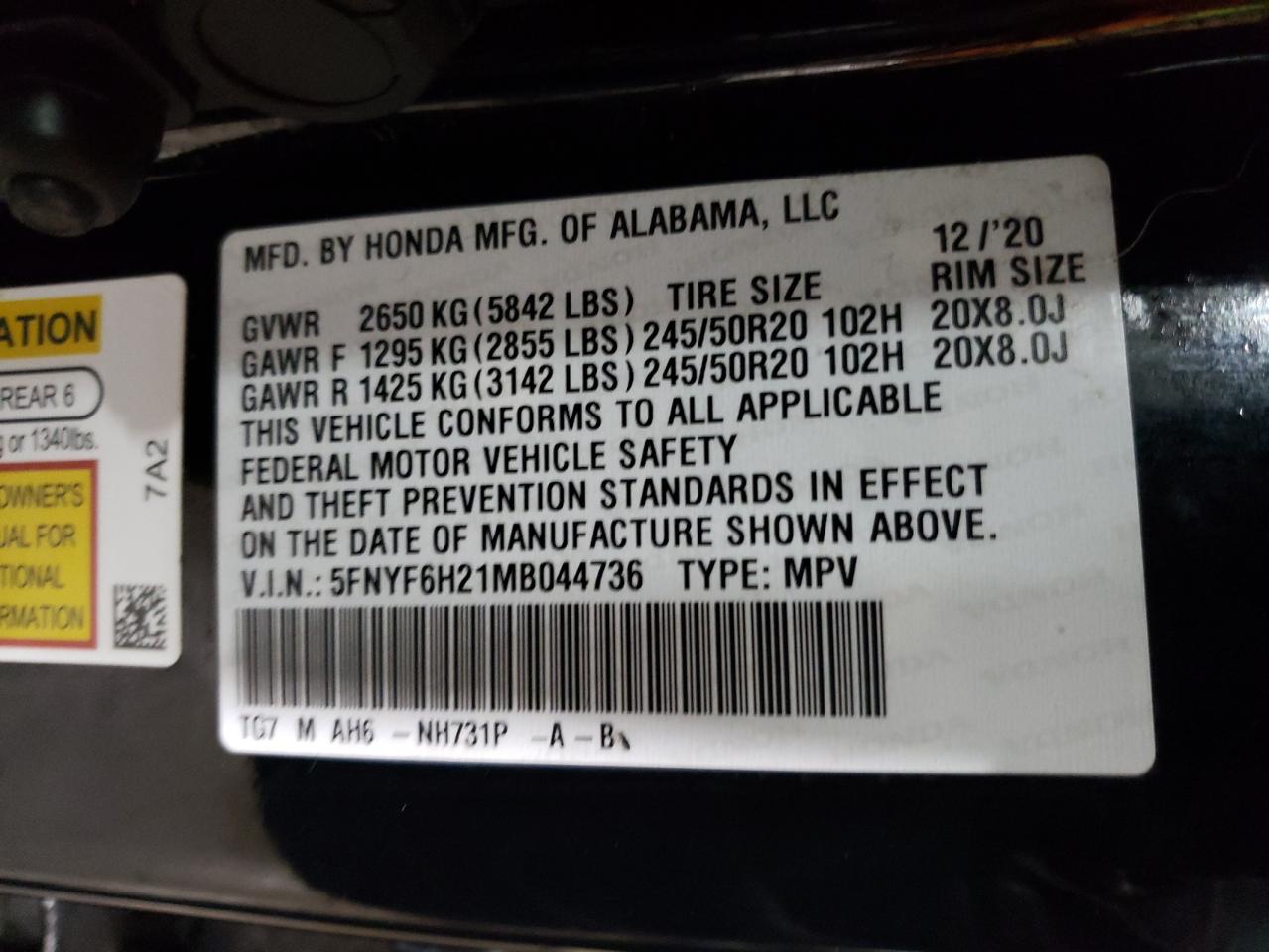 Photo 12 VIN: 5FNYF6H21MB044736 - HONDA PILOT 