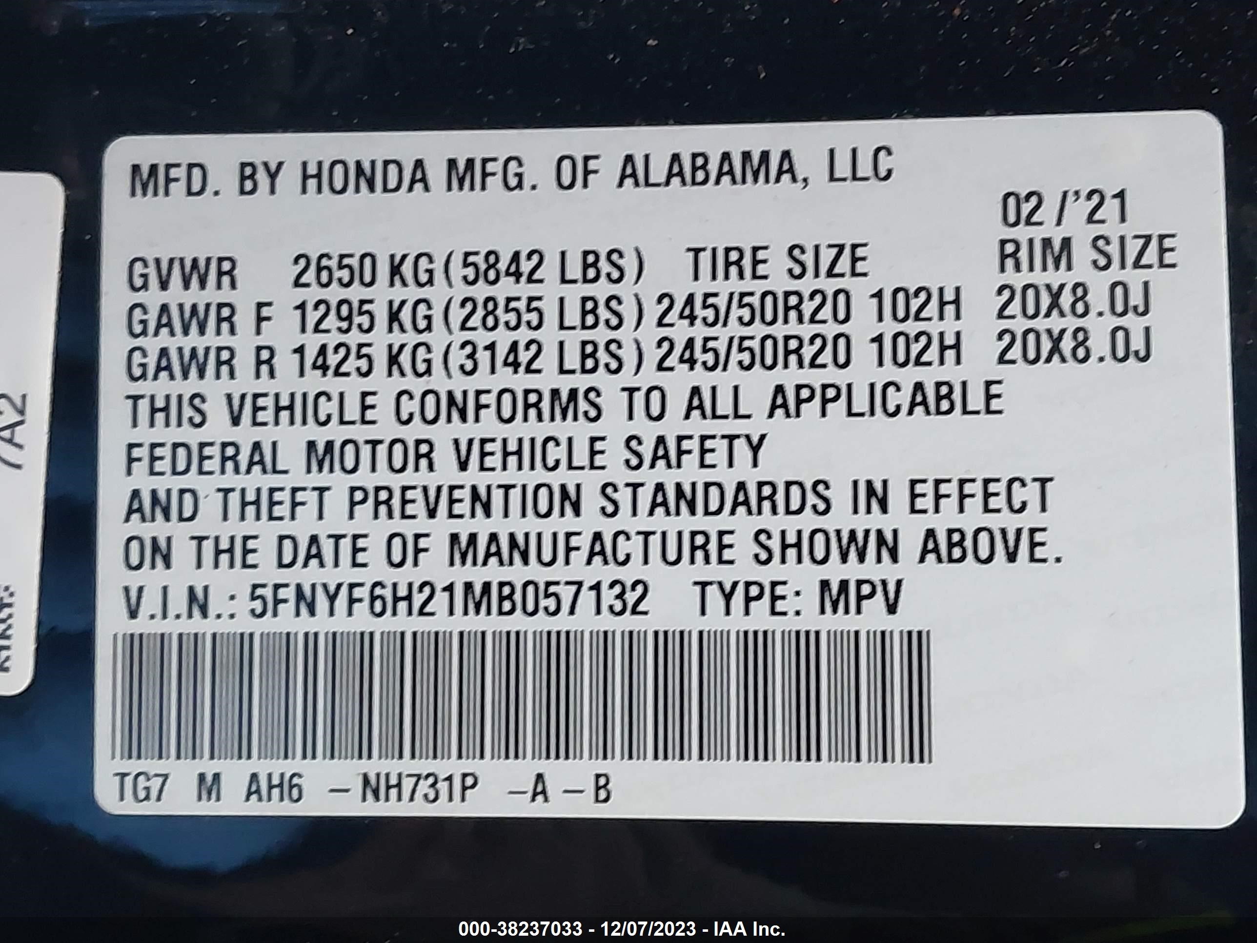 Photo 8 VIN: 5FNYF6H21MB057132 - HONDA PILOT 