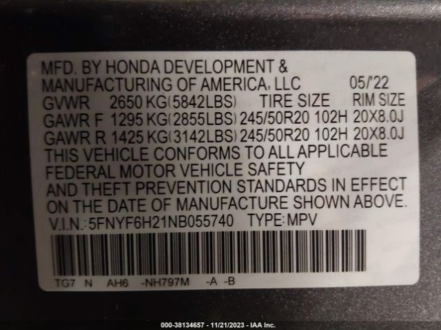 Photo 8 VIN: 5FNYF6H21NB055740 - HONDA PILOT 