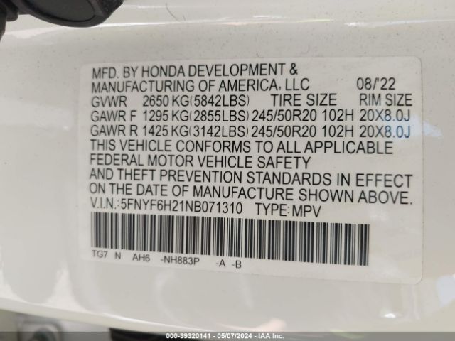 Photo 8 VIN: 5FNYF6H21NB071310 - HONDA PILOT 