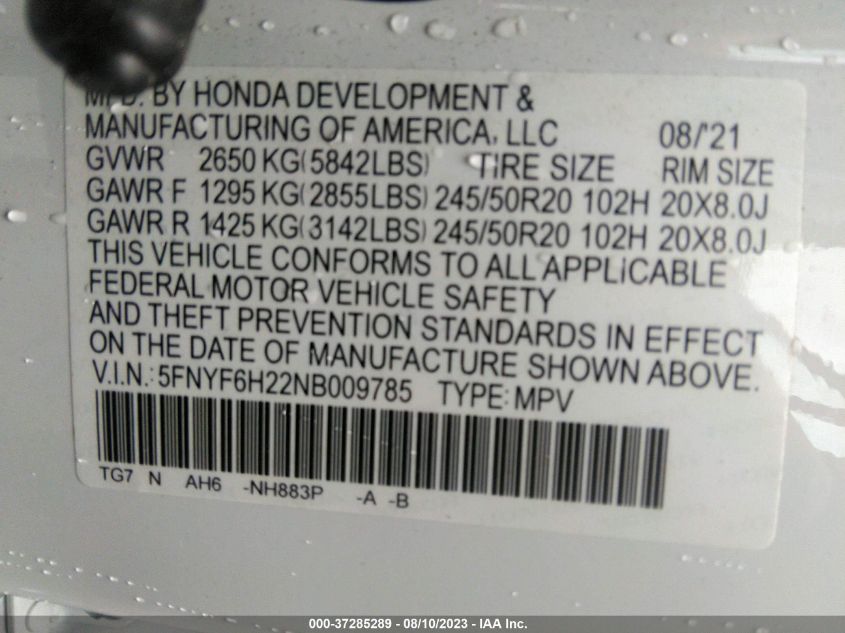 Photo 8 VIN: 5FNYF6H22NB009785 - HONDA PILOT 