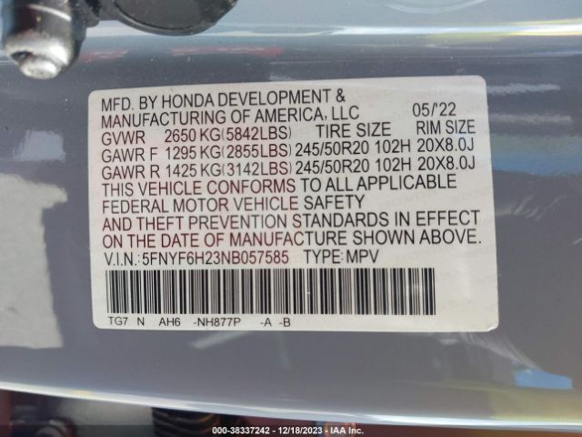 Photo 8 VIN: 5FNYF6H23NB057585 - HONDA PILOT 