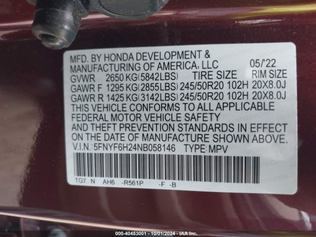 Photo 8 VIN: 5FNYF6H24NB058146 - HONDA PILOT 