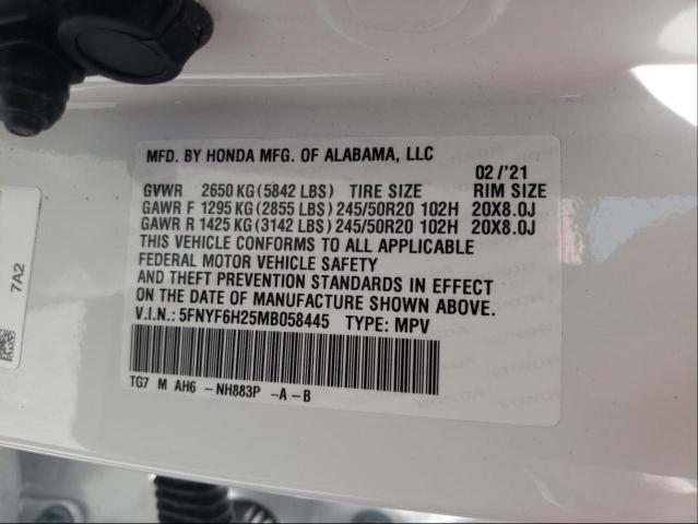 Photo 9 VIN: 5FNYF6H25MB058445 - HONDA PILOT SE 