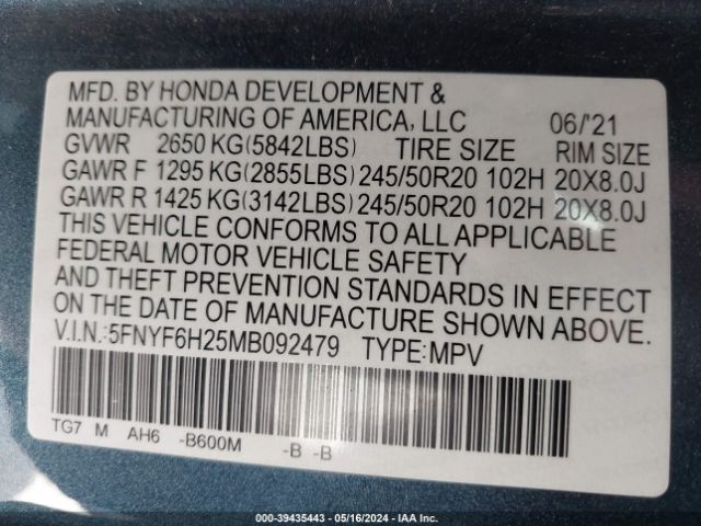 Photo 8 VIN: 5FNYF6H25MB092479 - HONDA PILOT 