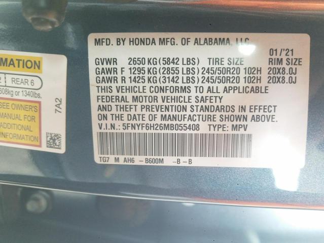 Photo 9 VIN: 5FNYF6H26MB055408 - HONDA PILOT SE 