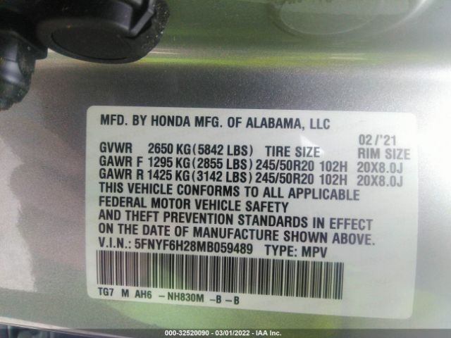 Photo 8 VIN: 5FNYF6H28MB059489 - HONDA PILOT 