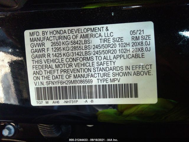 Photo 8 VIN: 5FNYF6H29MB086569 - HONDA PILOT 