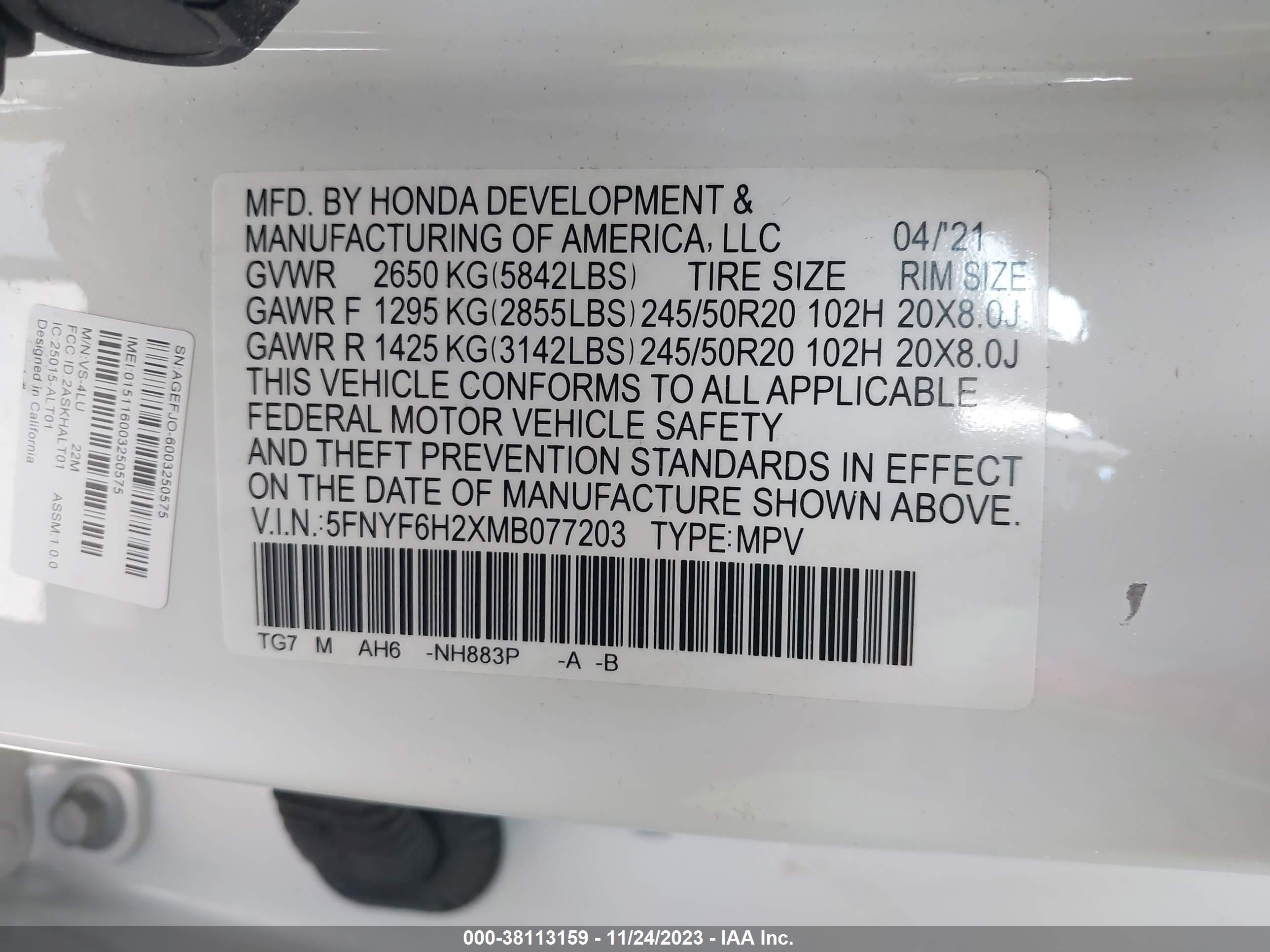 Photo 8 VIN: 5FNYF6H2XMB077203 - HONDA PILOT 