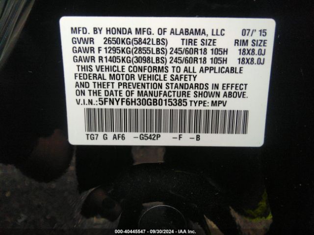 Photo 8 VIN: 5FNYF6H30GB015385 - HONDA PILOT 