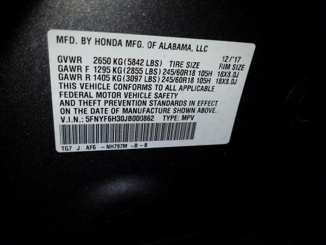 Photo 9 VIN: 5FNYF6H30JB000862 - HONDA PILOT EX 