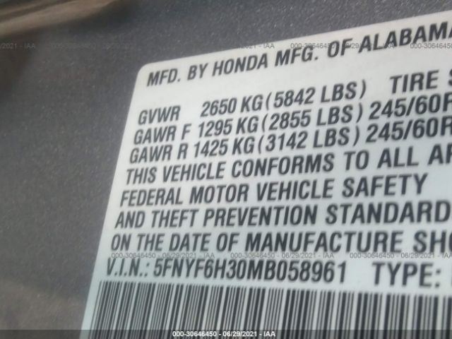 Photo 8 VIN: 5FNYF6H30MB058961 - HONDA PILOT 