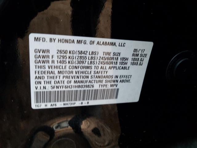 Photo 9 VIN: 5FNYF6H31HB039826 - HONDA PILOT EX 