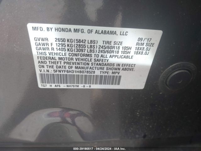 Photo 8 VIN: 5FNYF6H31HB078528 - HONDA PILOT 