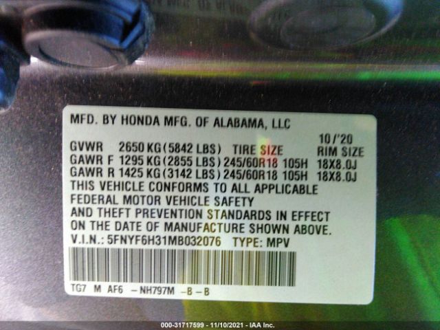 Photo 8 VIN: 5FNYF6H31MB032076 - HONDA PILOT 