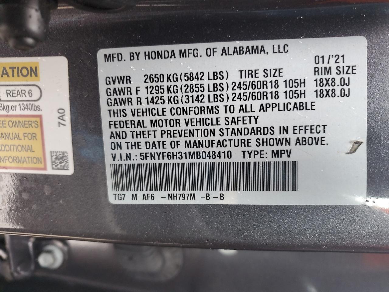 Photo 11 VIN: 5FNYF6H31MB048410 - HONDA PILOT 