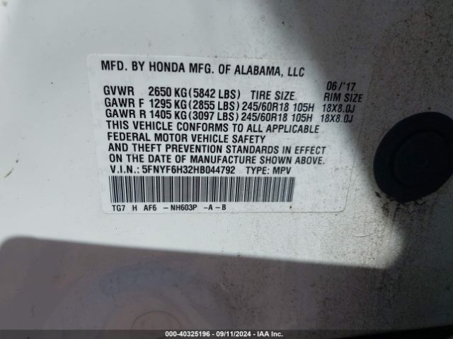 Photo 8 VIN: 5FNYF6H32HB044792 - HONDA PILOT 