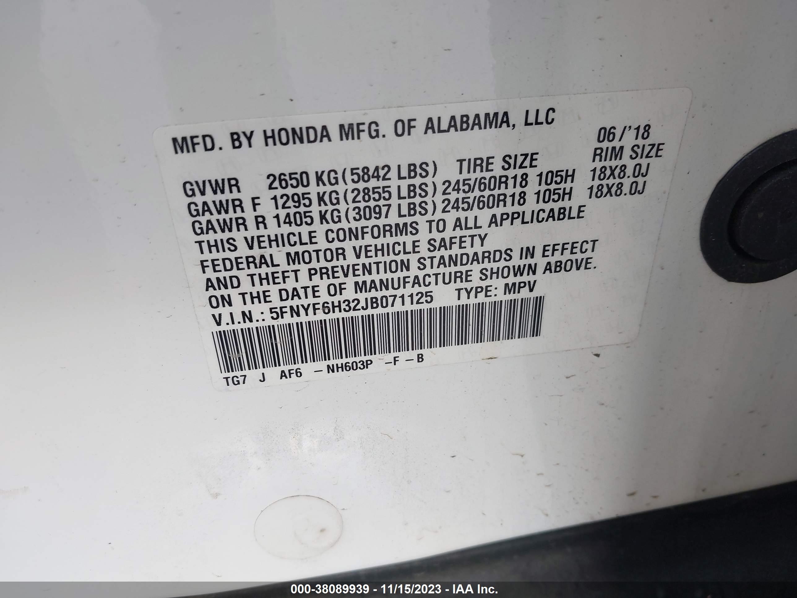 Photo 8 VIN: 5FNYF6H32JB071125 - HONDA PILOT 