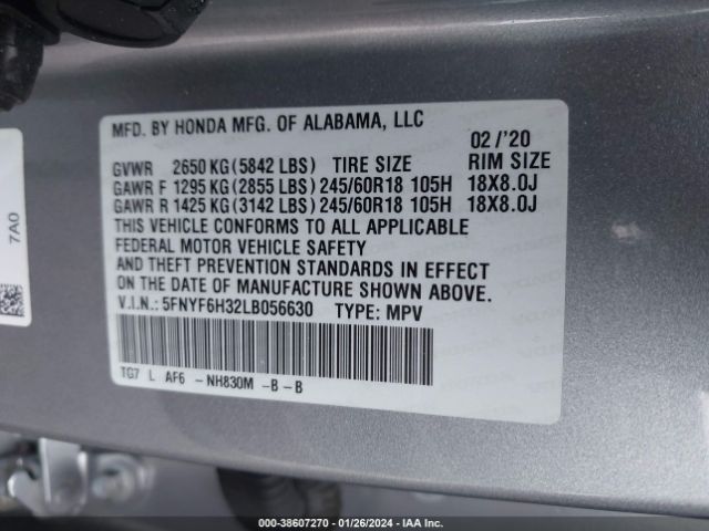 Photo 8 VIN: 5FNYF6H32LB056630 - HONDA PILOT 