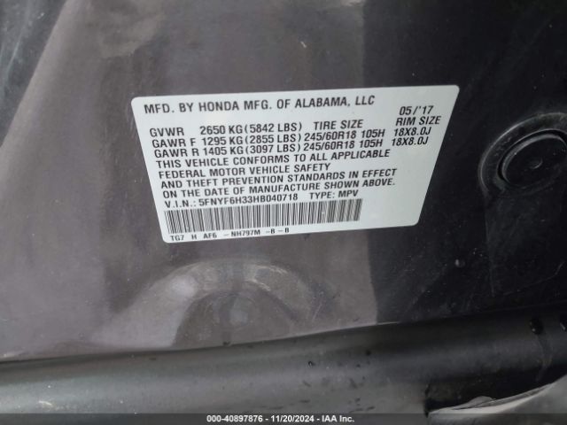 Photo 8 VIN: 5FNYF6H33HB040718 - HONDA PILOT 