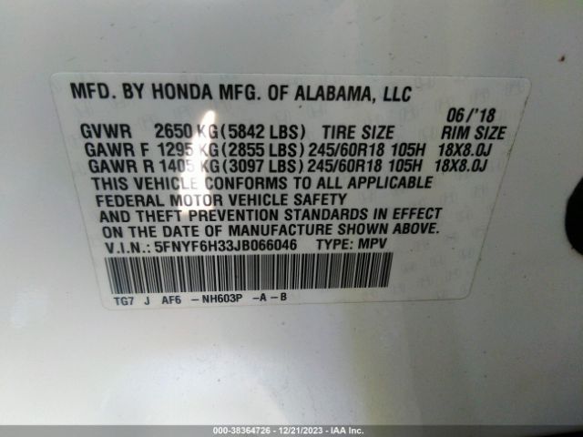 Photo 8 VIN: 5FNYF6H33JB066046 - HONDA PILOT 