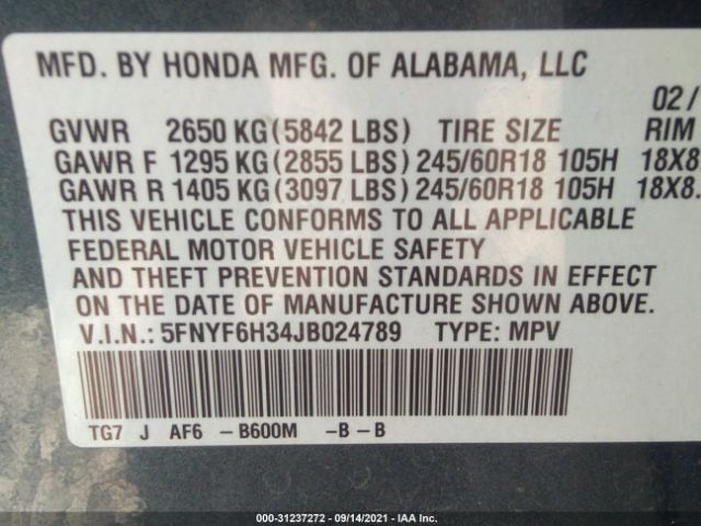 Photo 8 VIN: 5FNYF6H34JB024789 - HONDA PILOT 