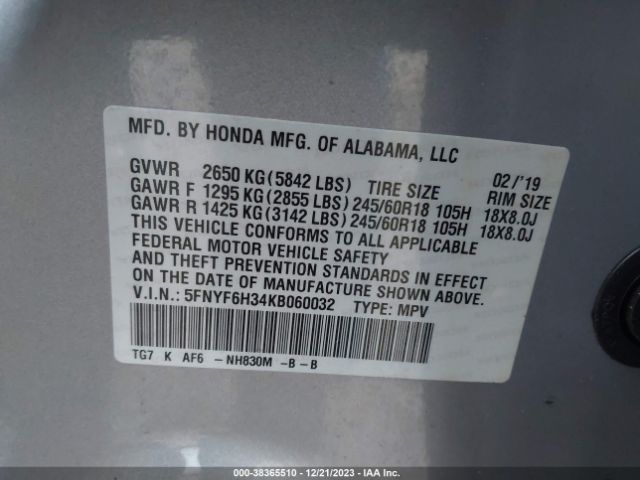 Photo 8 VIN: 5FNYF6H34KB060032 - HONDA PILOT 