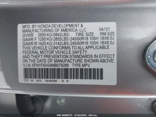 Photo 8 VIN: 5FNYF6H34MB078288 - HONDA PILOT 