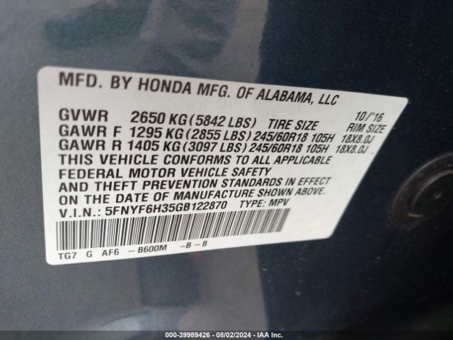 Photo 8 VIN: 5FNYF6H35GB122870 - HONDA PILOT 