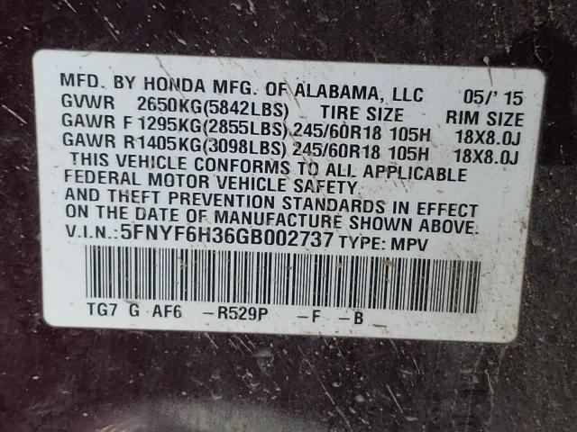 Photo 9 VIN: 5FNYF6H36GB002737 - HONDA PILOT EX 