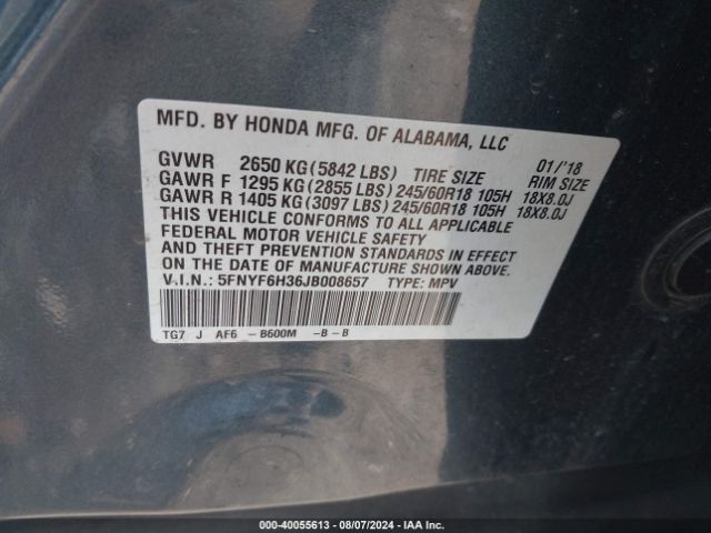 Photo 8 VIN: 5FNYF6H36JB008657 - HONDA PILOT 