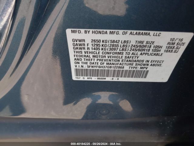 Photo 8 VIN: 5FNYF6H37GB122868 - HONDA PILOT 