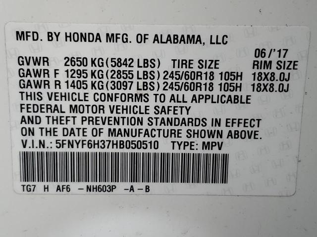 Photo 9 VIN: 5FNYF6H37HB050510 - HONDA PILOT EX 