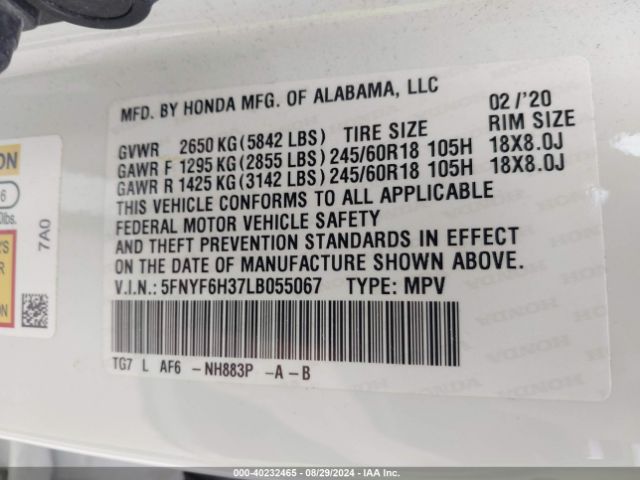 Photo 8 VIN: 5FNYF6H37LB055067 - HONDA PILOT 