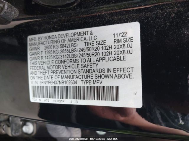 Photo 8 VIN: 5FNYF6H37NB102634 - HONDA PILOT 