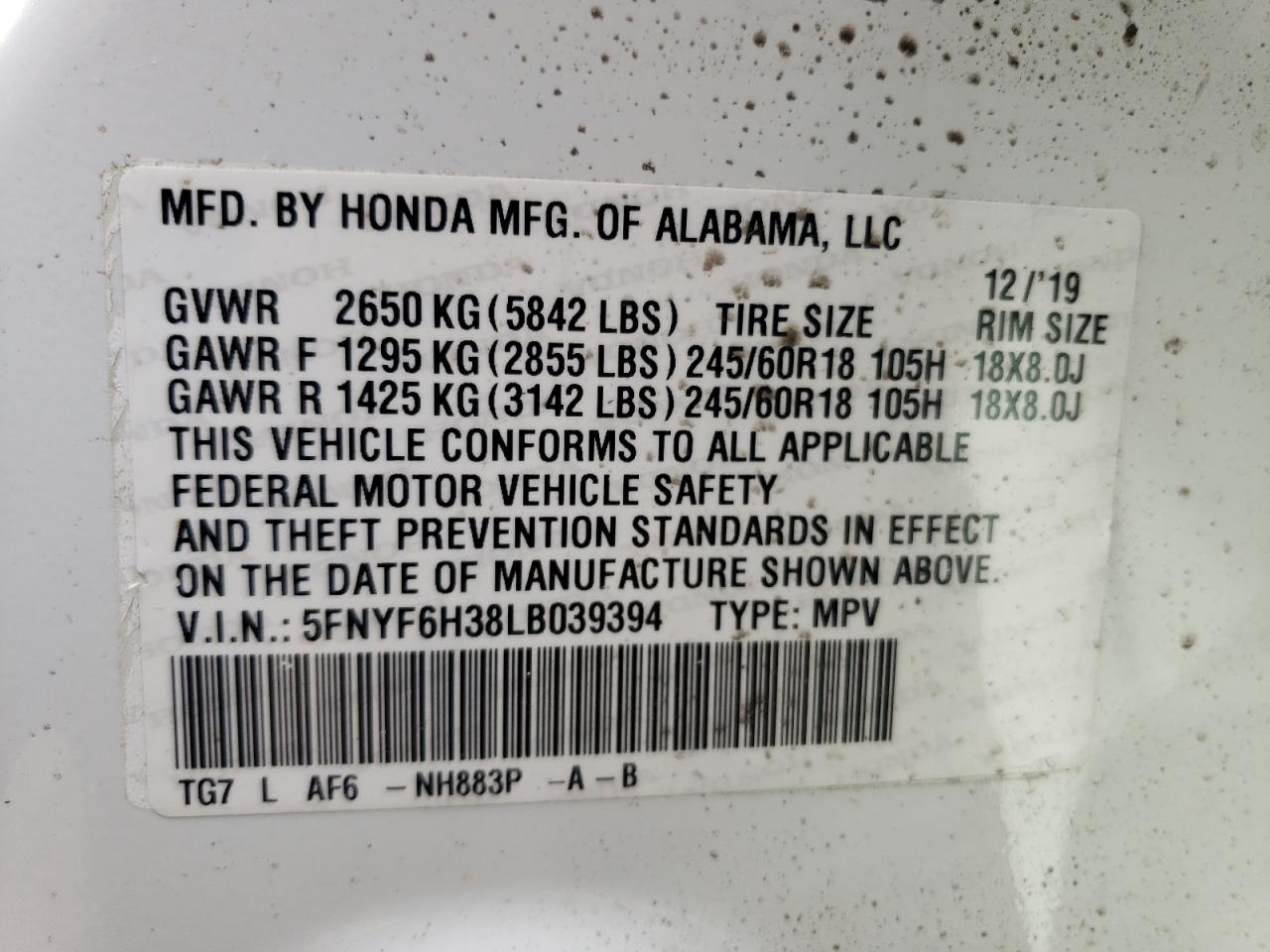 Photo 11 VIN: 5FNYF6H38LB039394 - HONDA PILOT 