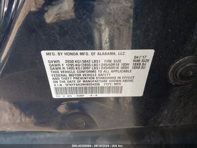 Photo 8 VIN: 5FNYF6H39HB034356 - HONDA PILOT 