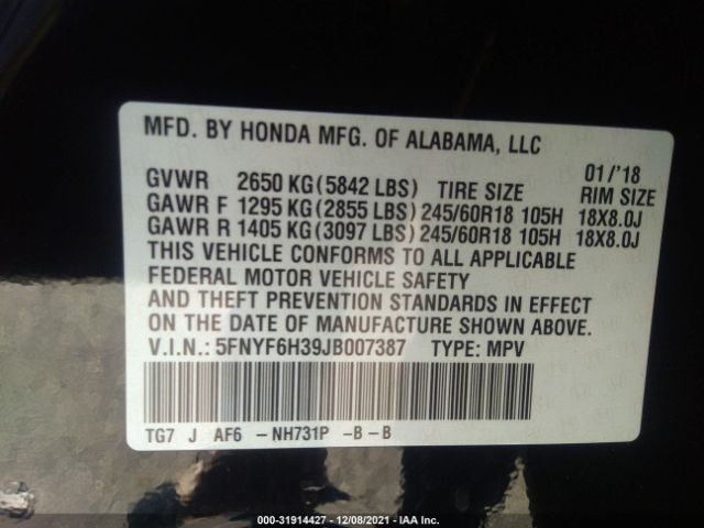 Photo 8 VIN: 5FNYF6H39JB007387 - HONDA PILOT 