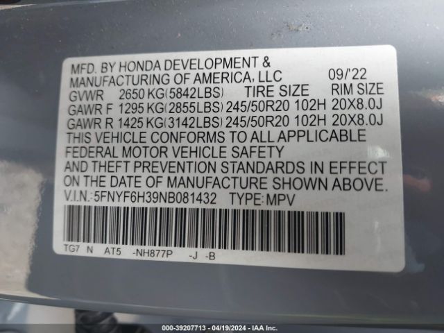 Photo 8 VIN: 5FNYF6H39NB081432 - HONDA PILOT 