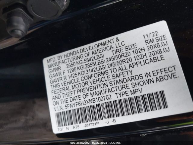 Photo 8 VIN: 5FNYF6H3XNB100702 - HONDA PILOT 