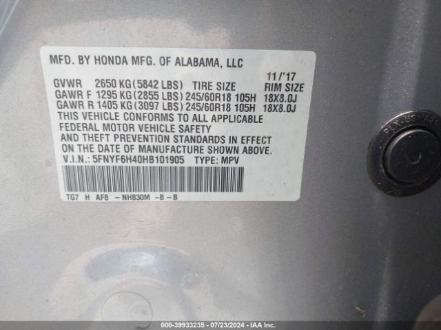 Photo 8 VIN: 5FNYF6H40HB101905 - HONDA PILOT 